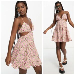 ASOS Pink Floral Cut Out Strappy Ruffle Trapeze Swing Summer Dress